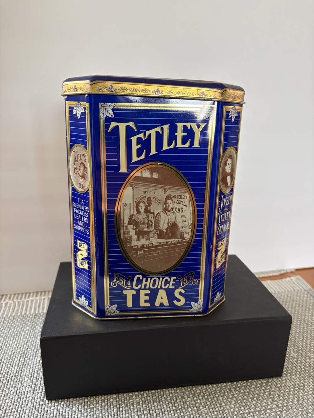 Vintage Tetley Tea Tin England 1837 1987 Blue Advertising Canister 7.5"x4"